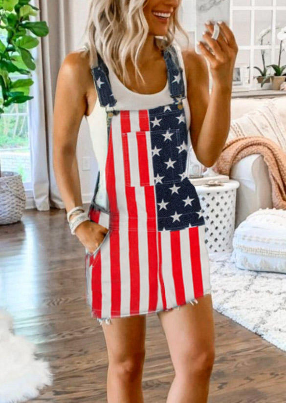

Mini Dresses American Flag Star Striped Pocket Overall Mini Dress in Multicolor. Size