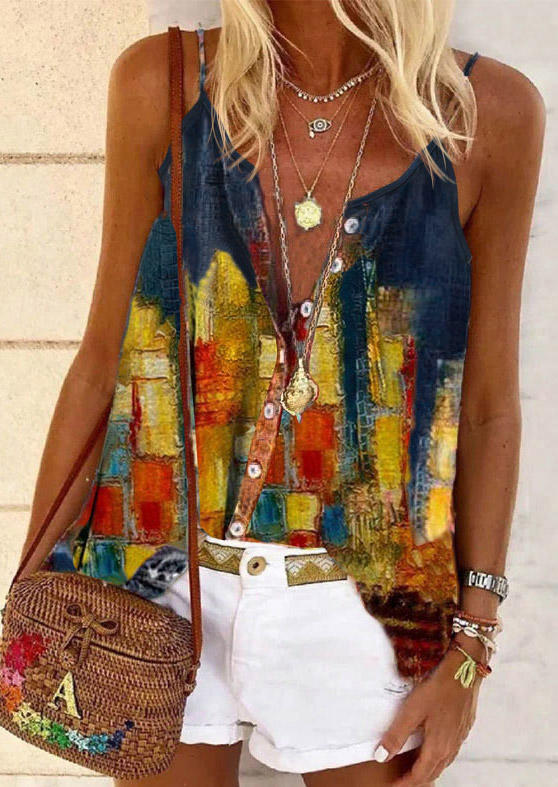 

Tank Tops Button Graffiti Casual Camisole in Multicolor. Size