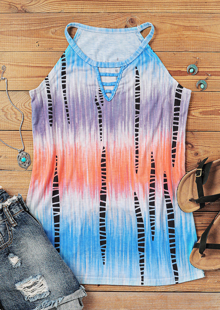 Tank Tops Tie Dye Hollow Out Keyhole Neck Tank Top in Multicolor. Size: S,M,L