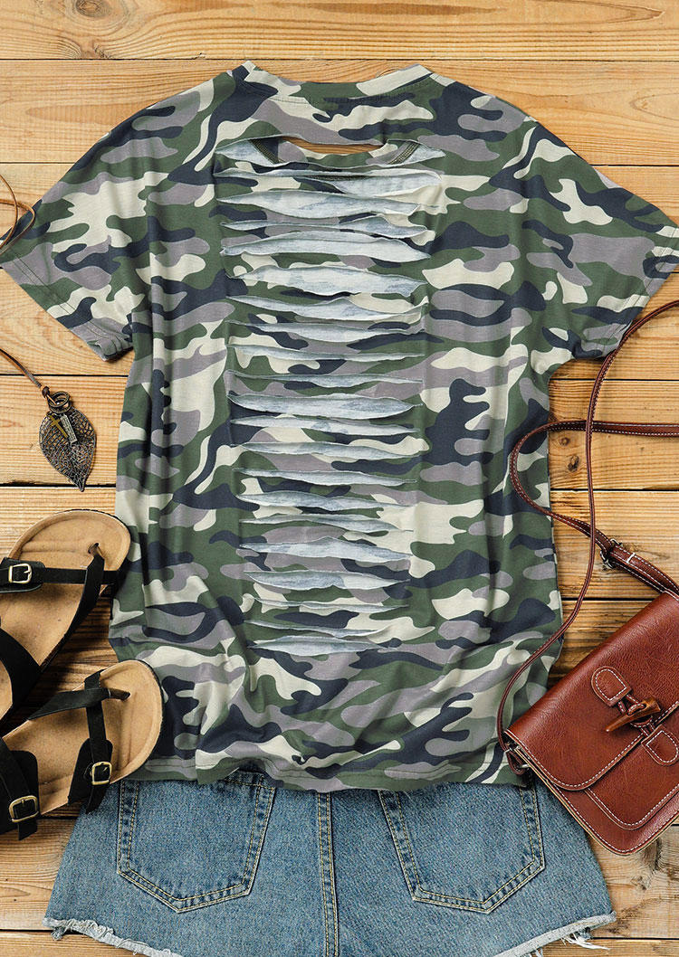 Camouflage Hollow Out Back O-Neck Blouse