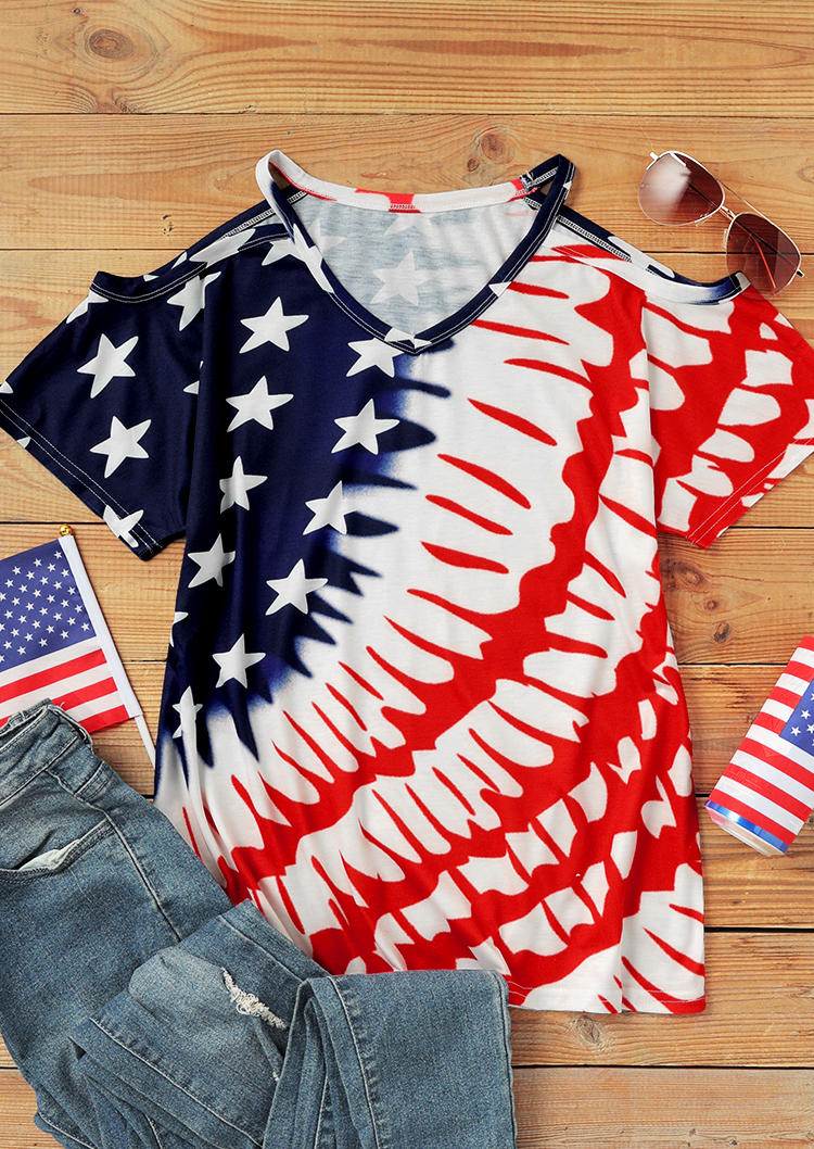 

Blouses American Flag Star Striped Cold Shoulder Blouse in Multicolor. Size