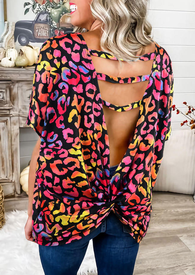 Colorful Leopard Open Back Twist Blouse
