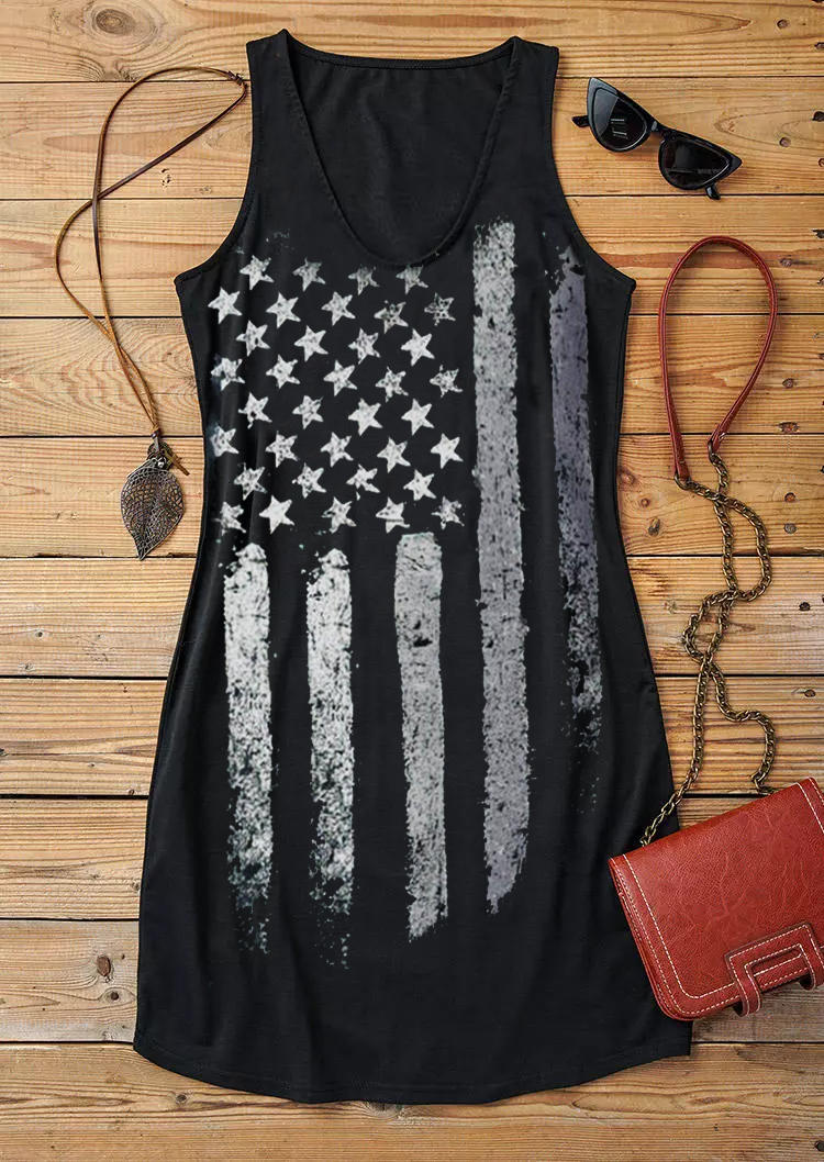 Mini Dresses American Flag Star Striped Tank Mini Dress in Black. Size: L,M,S,XL