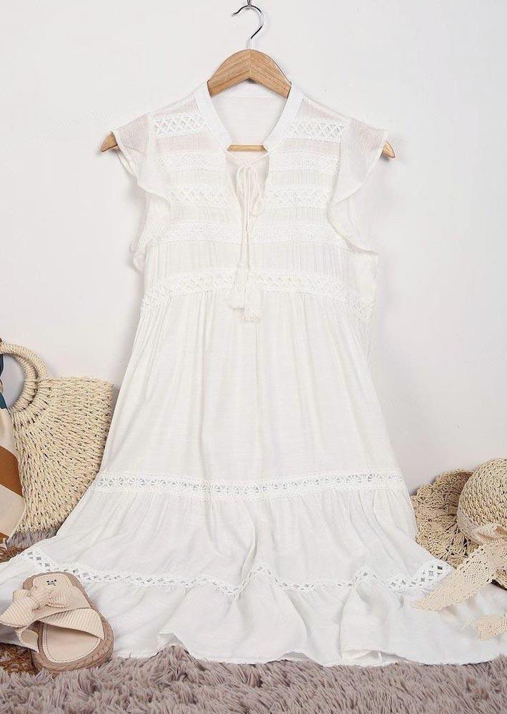 

Mini Dresses Lace Hollow Out Tassel Drawstring Cap Sleeve Mini Dress in White. Size