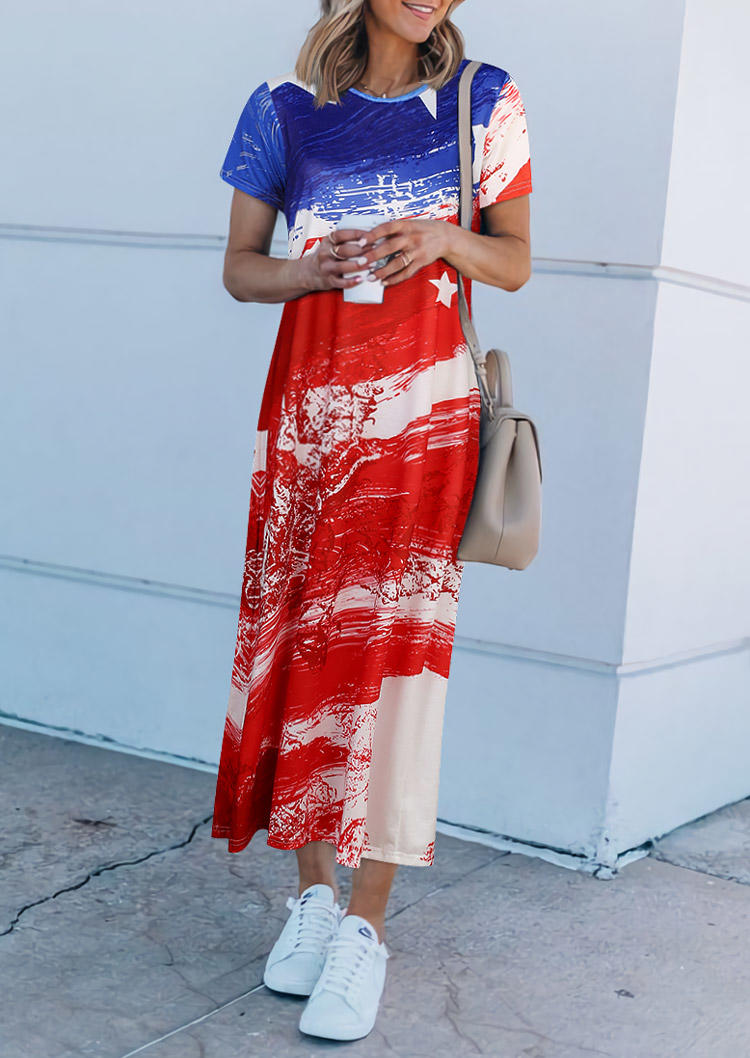 

Maxi Dresses American Flag Star Tie Dye O-Neck Maxi Dress in Multicolor. Size: ,M,L,XL