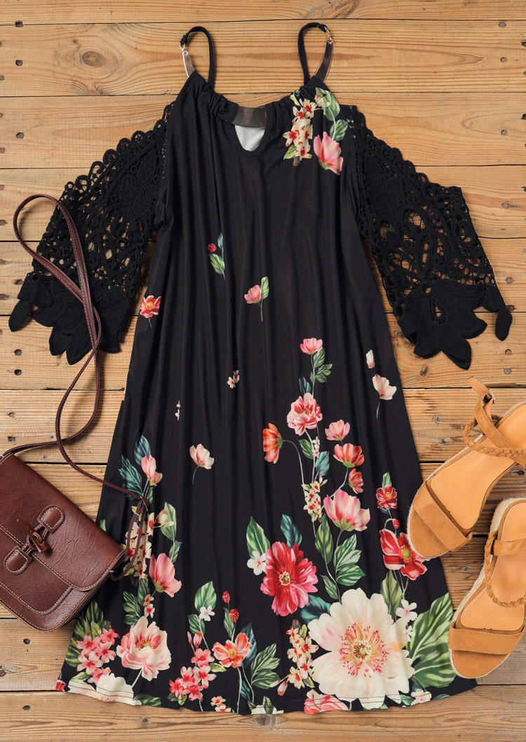 Mini Dresses Lace Splicing Floral Hollow Out Mini Dress in Black. Size: L,XL
