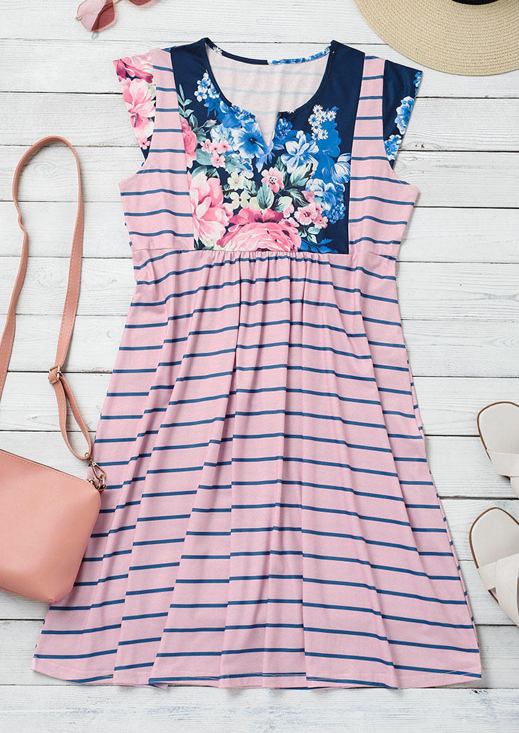 Floral Striped Ruffled Notched Neck Mini Dress