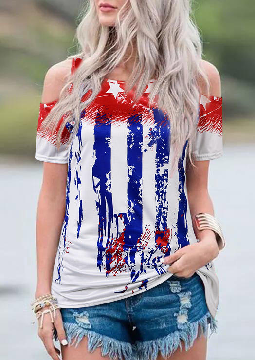 

Blouses American Flag Star Striped Cold Shoulder Blouse in Multicolor. Size