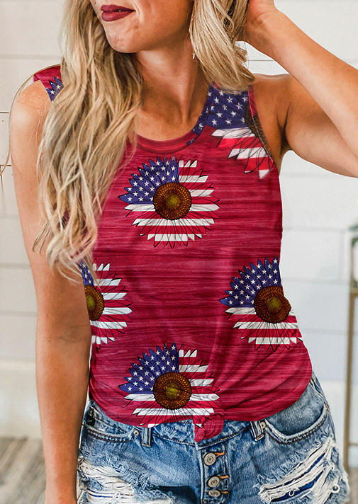 

Tank Tops American Flag Star Striped Sunflower Casual Tank Top in Red. Size