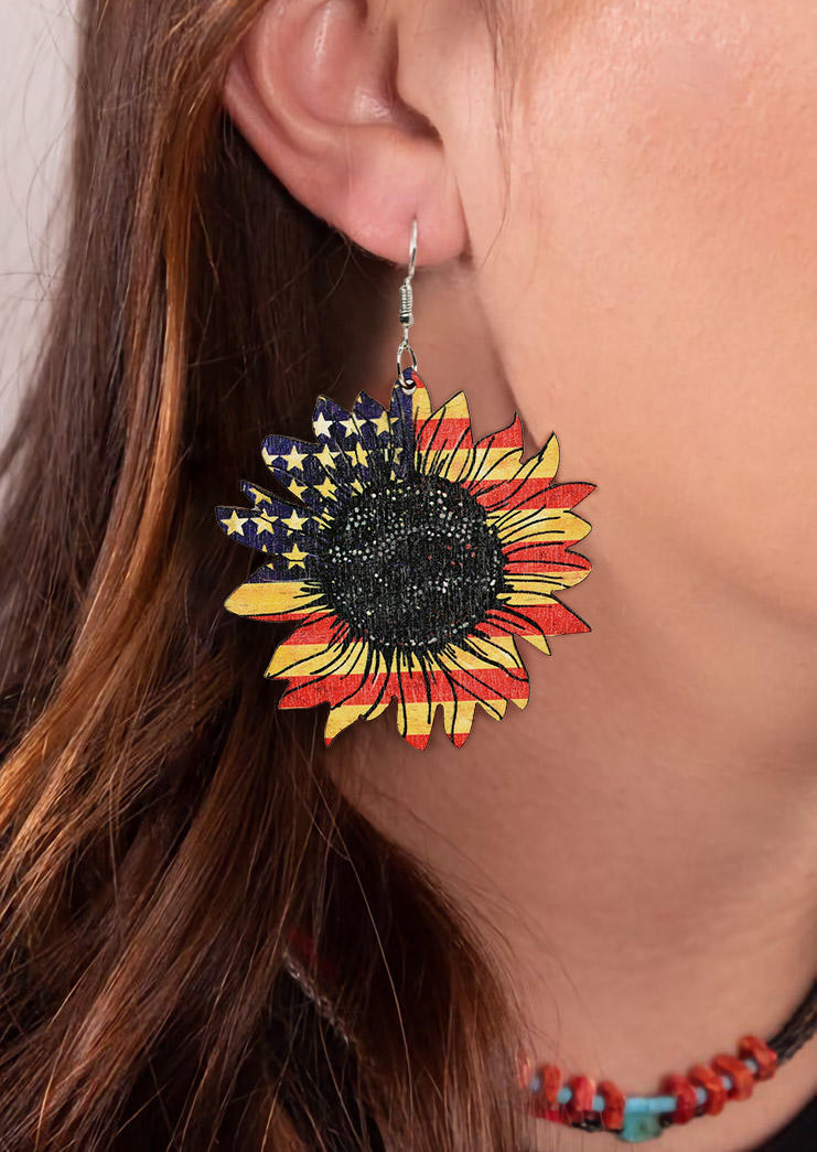 

Earrings American Flag Star Striped Sunflower Dual-Sided Earrings in Multicolor. Size