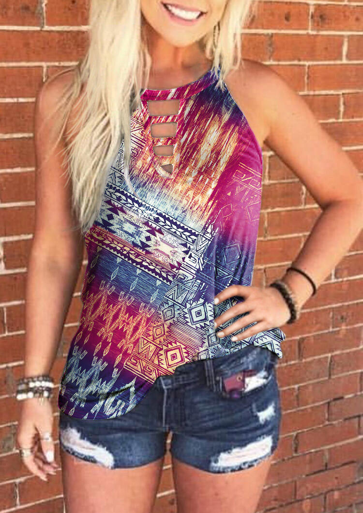 

Tank Tops Aztec Geometric Western Keyhole Neck Tank Top in Multicolor. Size