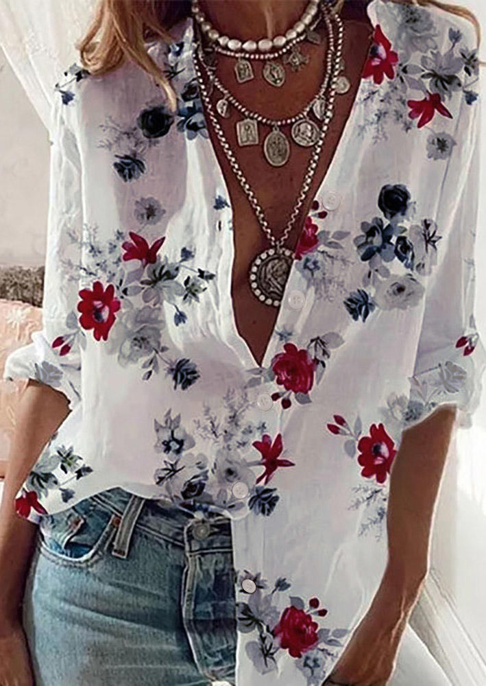 

Shirts Floral Button Long Sleeve Turn-Down Collar Shirt in White. Size: ,M,L,XL