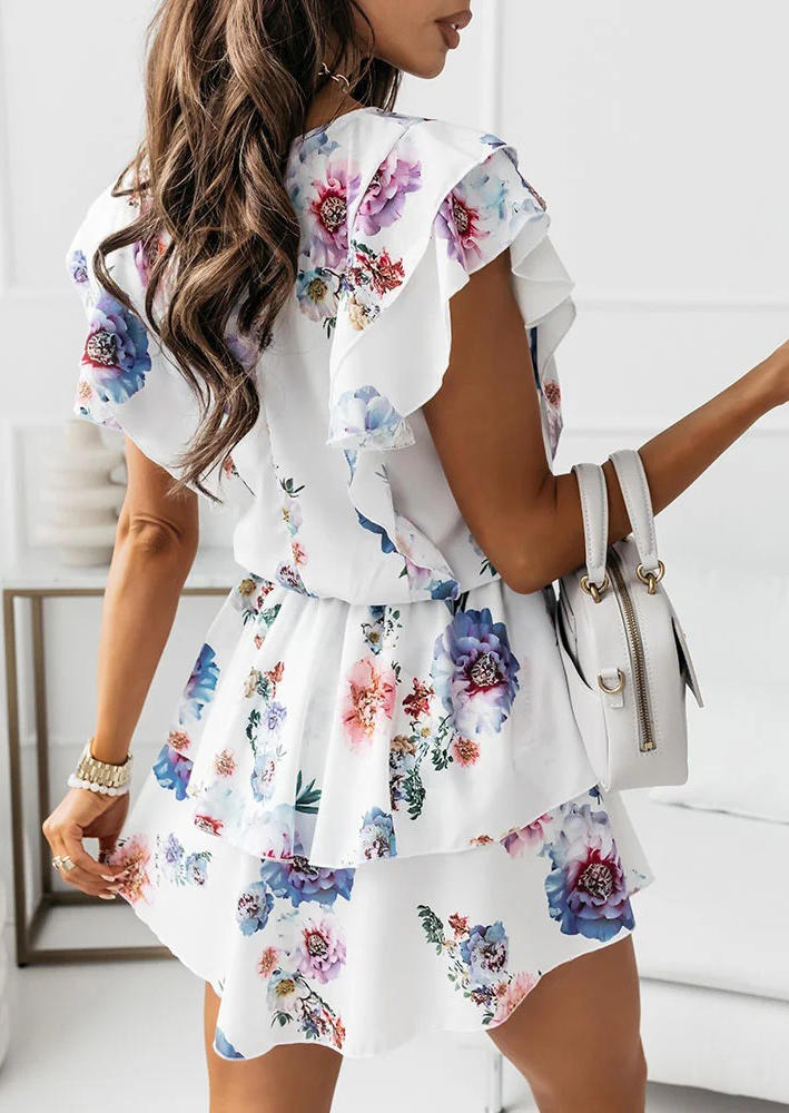 

Mini Dresses Floral Layered Elastic Waist Mini Dress in White. Size