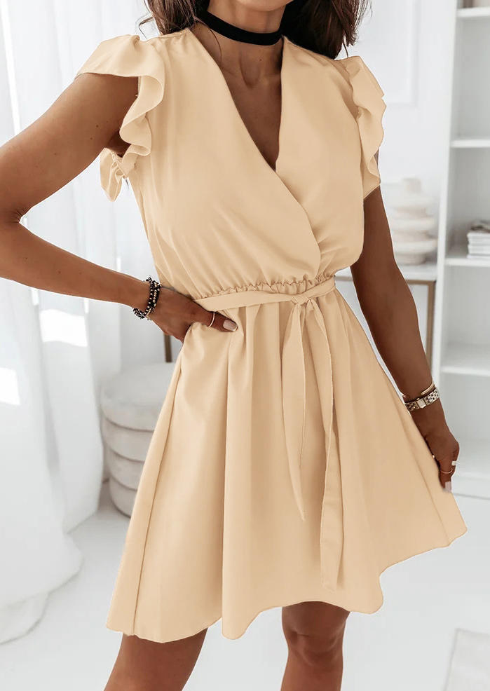 

Mini Dresses Wrap Ruffled V-Neck Cap Sleeve Mini Dress in Light Khaki. Size: ,M,L,XL