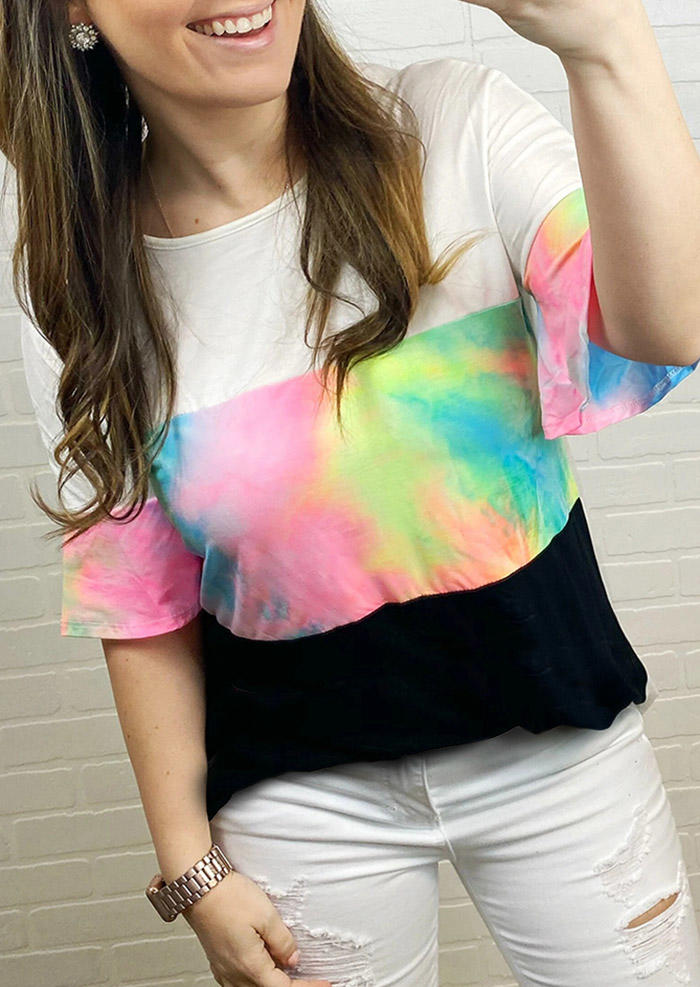 Tie Dye Color Block Flare Sleeve Blouse