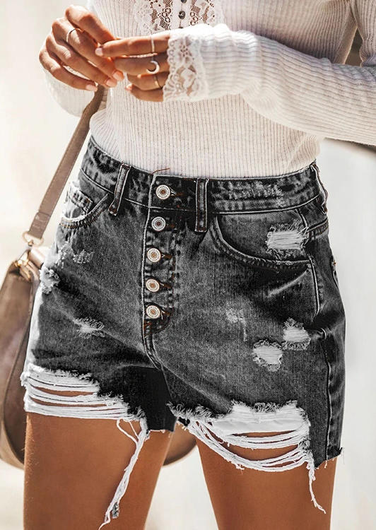 

Shorts Button Ripped Hole High Waist Denim Shorts in Black. Size: ,M,L,XL