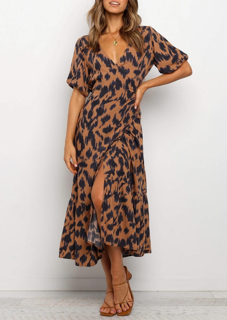 

Midi Dresses Leopard V-Neck Tie Midi Dress in Leopard. Size
