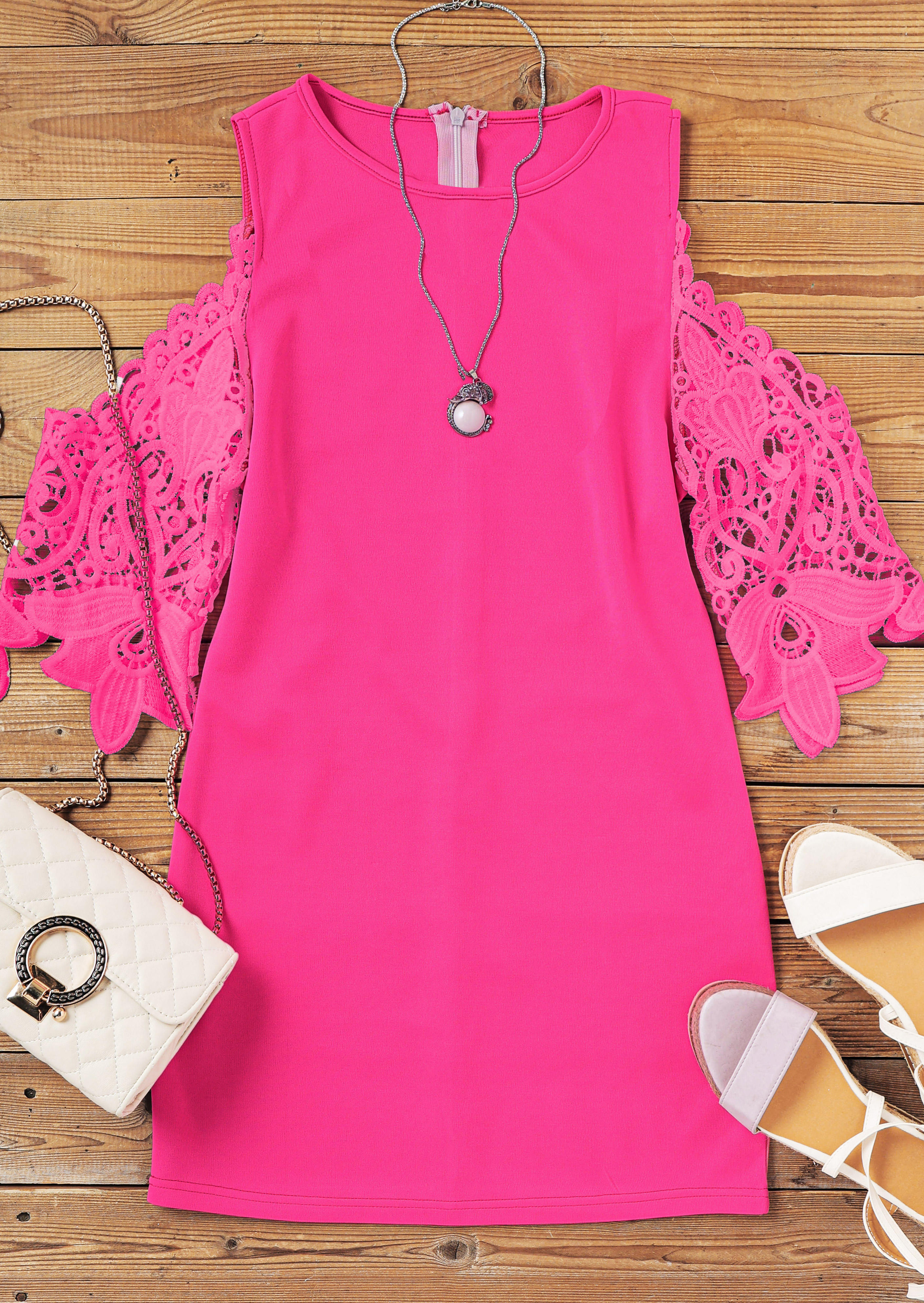 

Mini Dresses Lace Splicing Cold Shoulder Mini Dress in Rose Red. Size: ,M