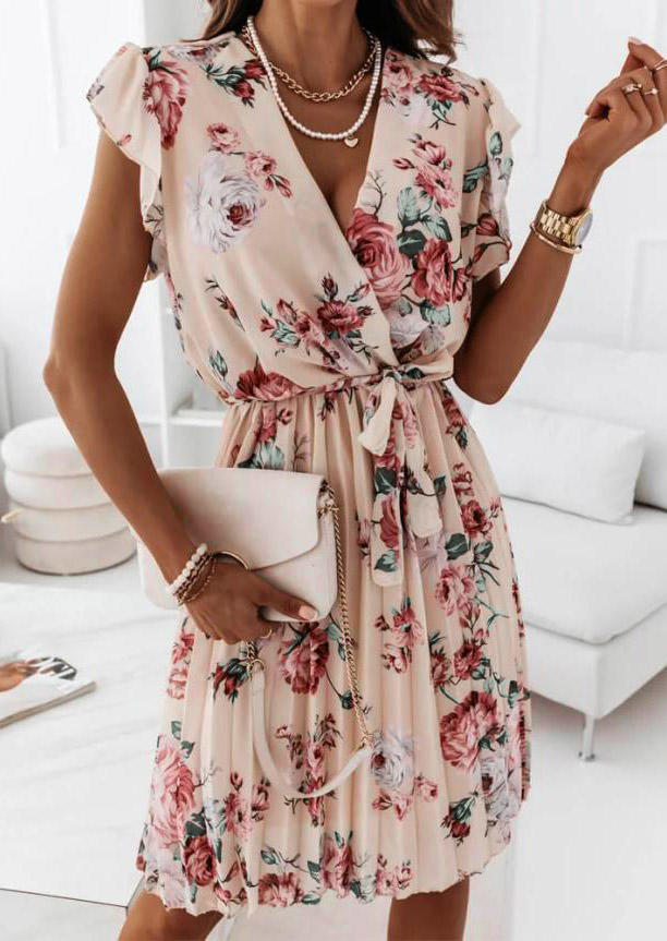 

Mini Dresses Floral Ruffled Cap Sleeve Mini Dress in Apricot. Size