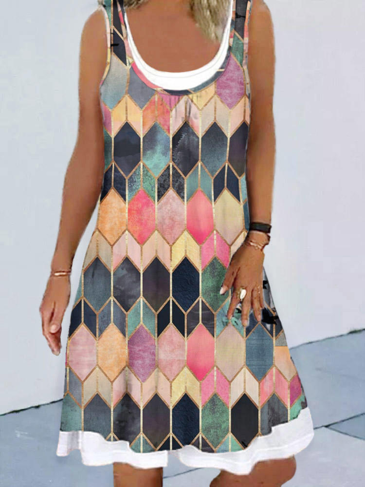 

Mini Dresses Colorful Geometric Sleeveless Fake Two-Piece Mini Dress in Multicolor. Size