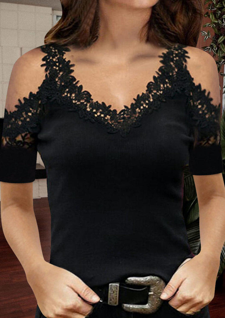 

Blouses Lace Splicing V-Neck Cold Shoulder Blouse in Black. Size