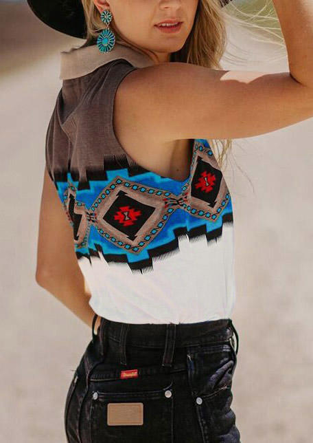 

Tank Tops Aztec Geometric Turn-Down Collar Tank Top in Multicolor. Size: ,M,L,XL