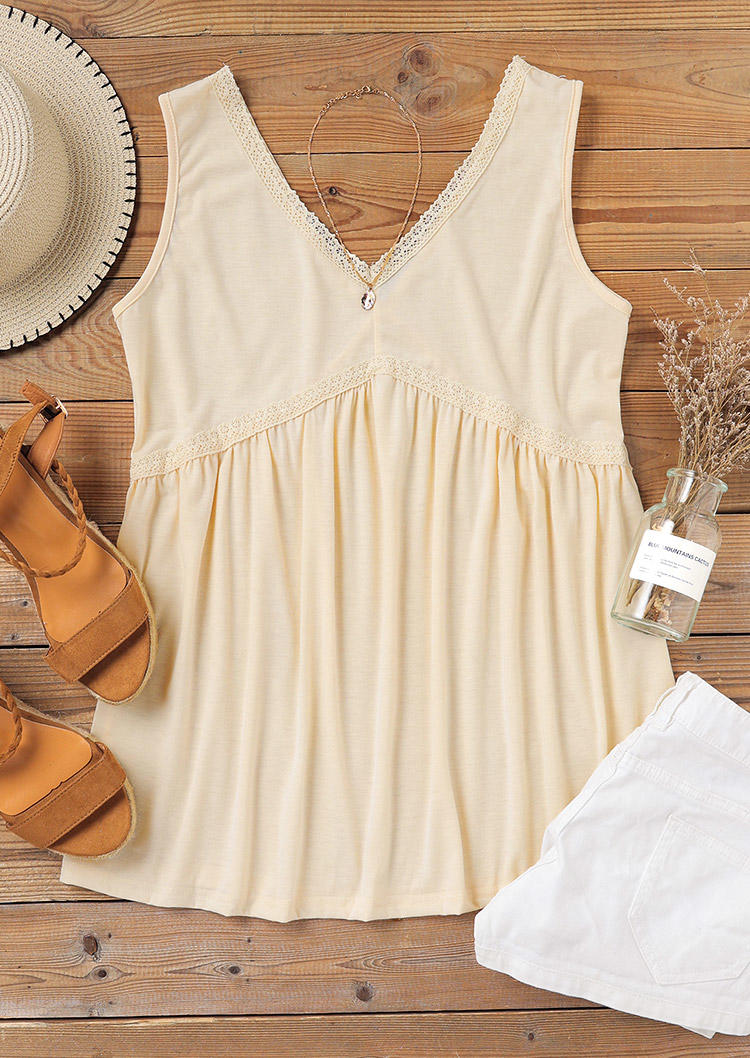 

Tank Tops Lace Splicing V-Neck Tank Top in Flesh. Size: ,M,L,XL