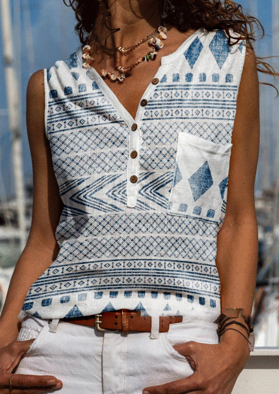 

Tank Tops Aztec Geometric Pocket Button Tank Top in White. Size