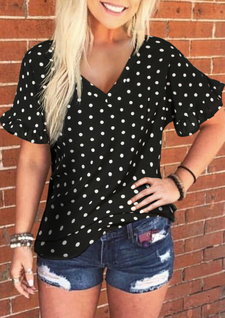

Blouses Polka Dot Flare Sleeve V-Neck Blouse in Black. Size