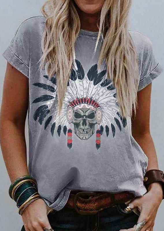 

T-shirts Tees Vintage Aztec Feather Skull T-Shirt Tee in Light Grey. Size: ,M,L,XL