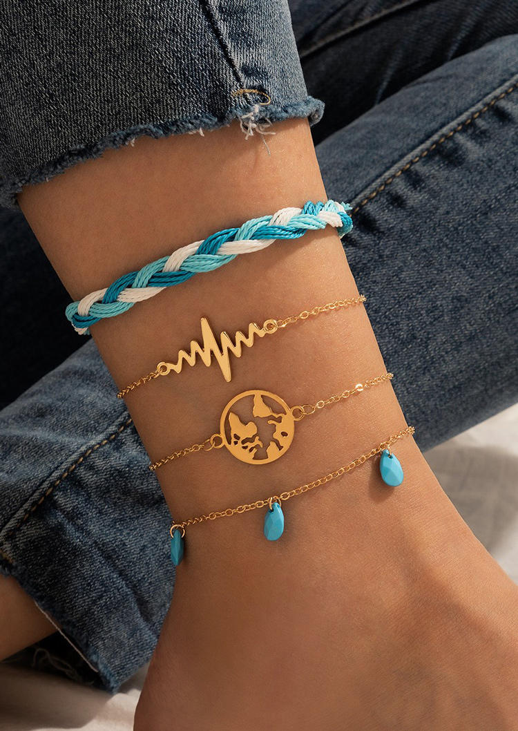 

Body Jewelry 4Pcs Map ECG Heartbeat Braided Anklet Set in Blue. Size