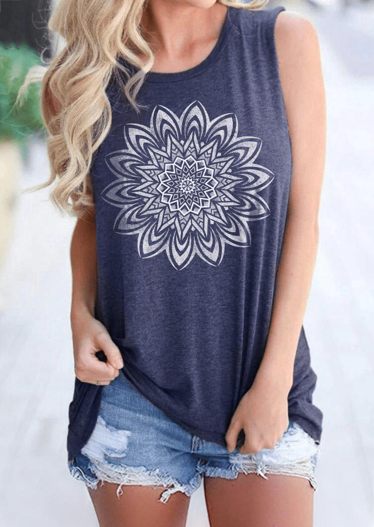 

Tank Tops Mandala O-Neck Casual Tank Top in Deep Blue. Size