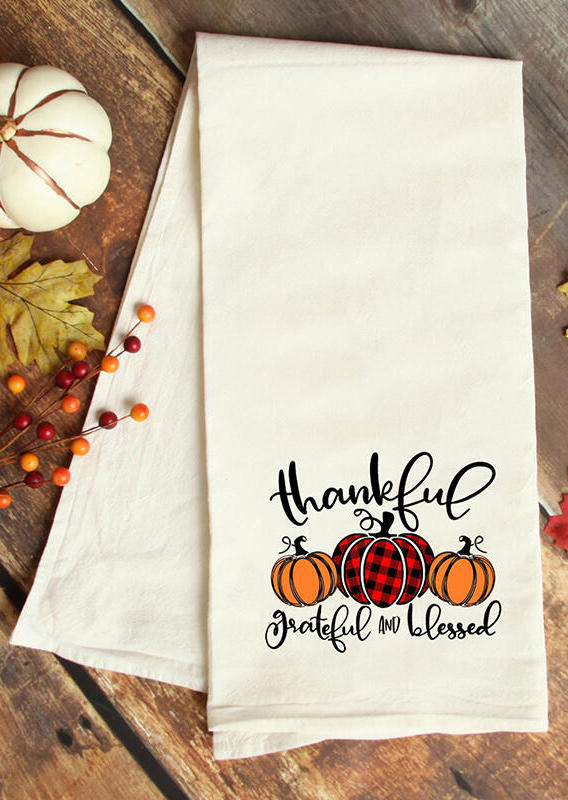 

Thankful Grateful And Blessed Buffalo Plaid Pumpkin Tea Towel in Beige. Size