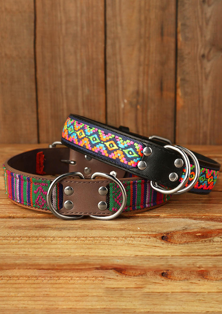 

Pet Products Ethnic Style Geometric PU Leather Dog Collar in Khaki. Size