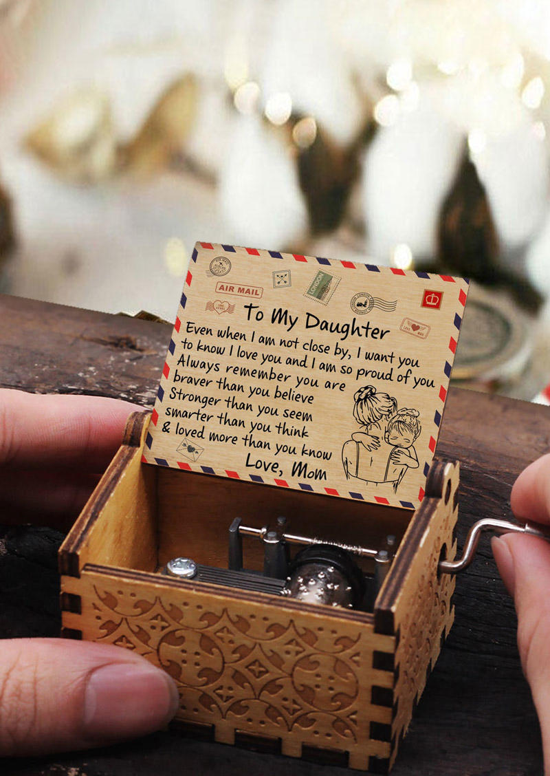 

Mom To My Daughter Hand Crank Engraved Wooden Music Box in Multicolor. Size