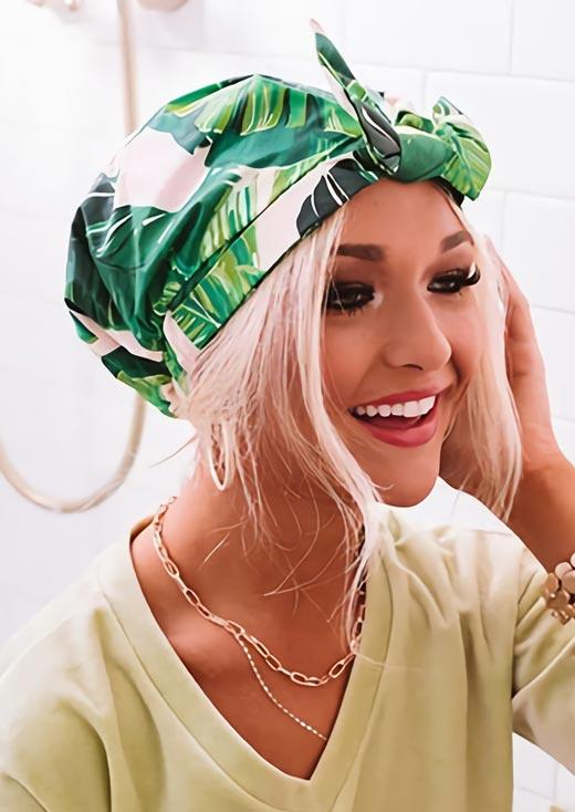 

Waterproof Palm Leaf Bowknot Shower Cap in Green. Size