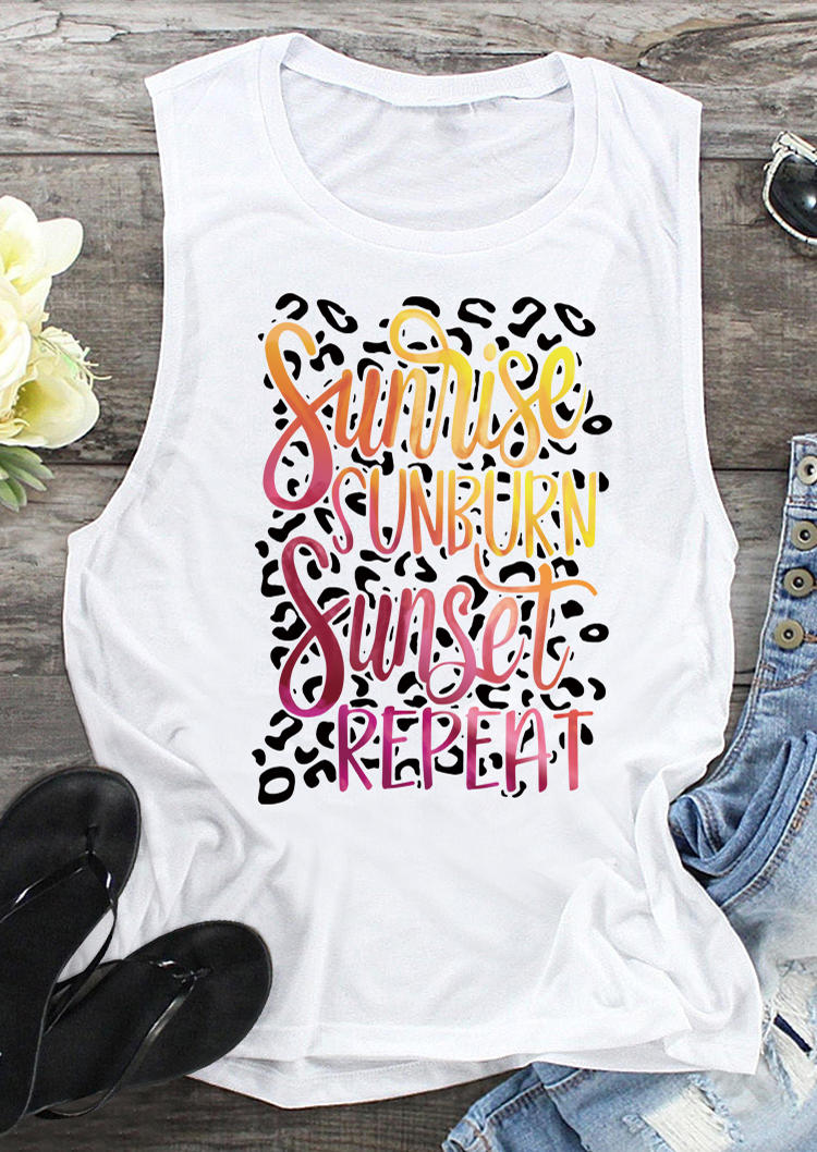 

Tank Tops Sunrise Sunburn Sunset Repeat Leopard Tank Top in White. Size: ,L,XL