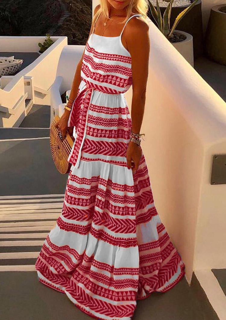 

Maxi Dresses Bohemian Geometric Tie Adjustable Strap Maxi Dress in Red. Size