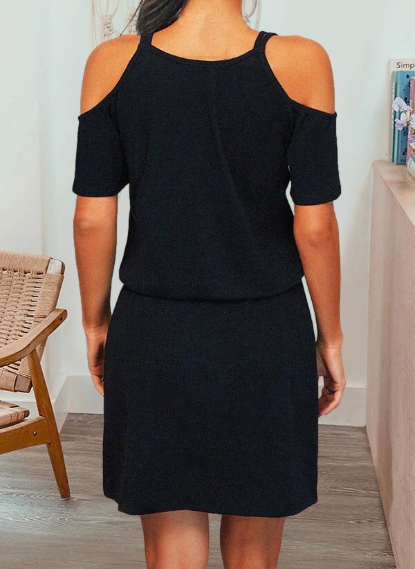 

Mini Dresses Zipper Collar Cold Shoulder Elastic Waist Mini Dress in Black. Size
