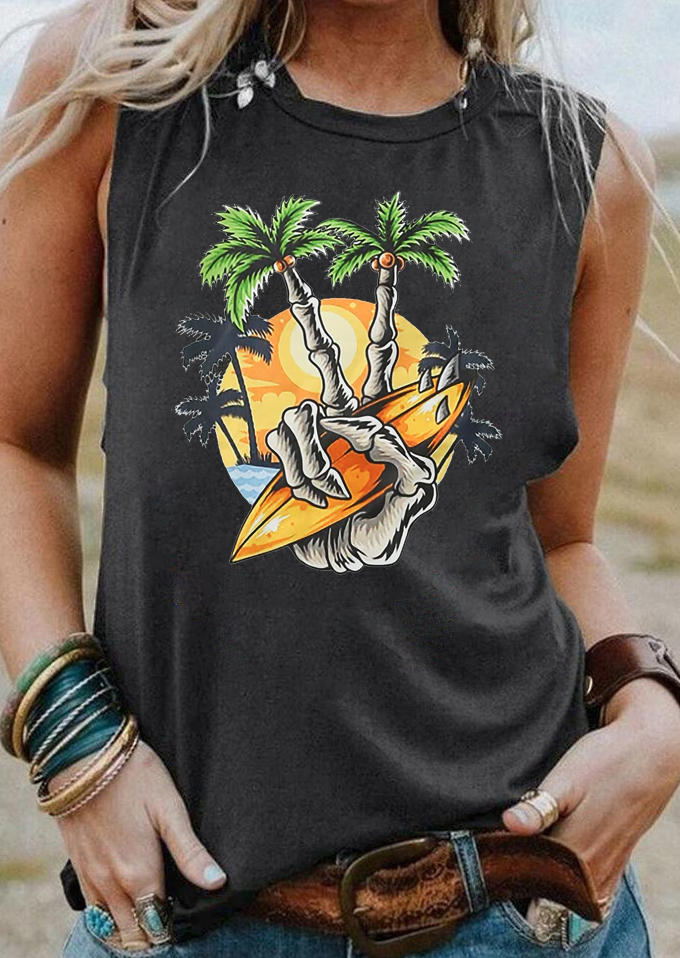 

Tank Tops Surfboard Skull Hand Palm Tree Tank Top in Dark Grey. Size