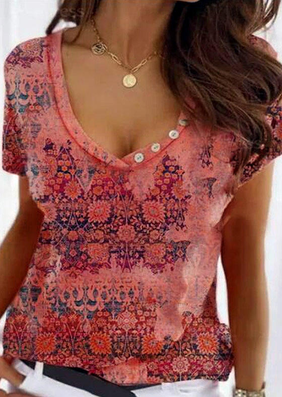 

T-shirts Tees Floral Button V-Neck T-Shirt Tee in Multicolor. Size: ,M,L,XL