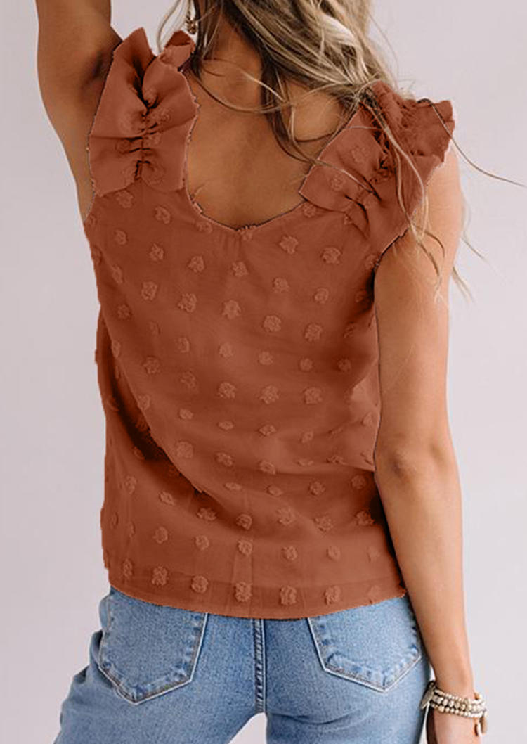 

Tank Tops Ruffled Dotted Swiss Sleeveless Tank Top in Brown. Size