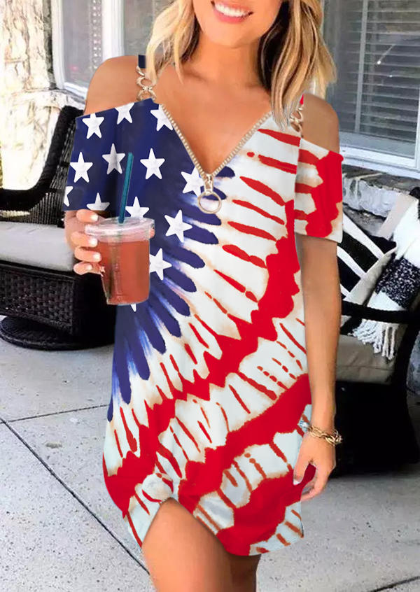 Mini Dresses American Flag Star Pocket Cold Shoulder Mini Dress in Multicolor. Size: S,L