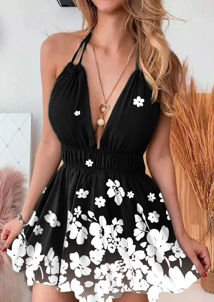 

Mini Dresses Floral Deep V-Neck Open Back Halter Mini Dress in Black. Size