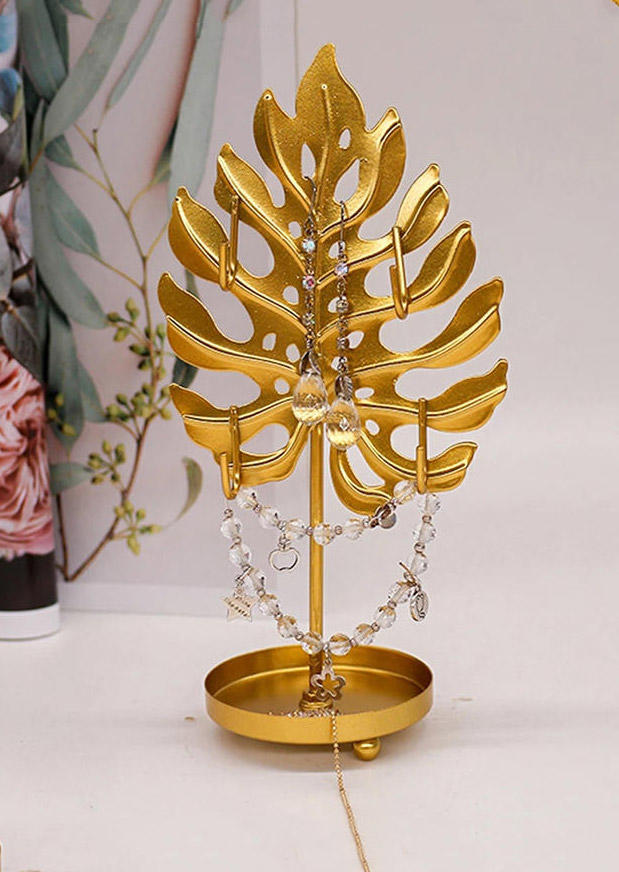 

Hollow Out Palm Leaf Metal Jewelry Stand Holder in Gold. Size