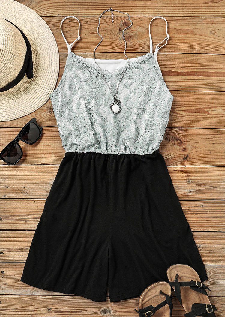 

Jumpsuits & Rompers Lace Pocket Spaghetti Strap Romper in Black. Size