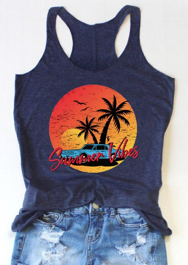 

Tank Tops Summer Vibes Sunset Coconut Tree Racerback Tank Top in Navy Blue. Size