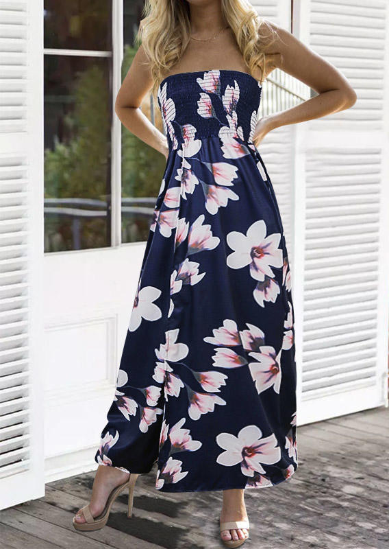 

Maxi Dresses Floral Ruffled Strapless Maxi Dress in Navy Blue. Size: ,M,L,XL
