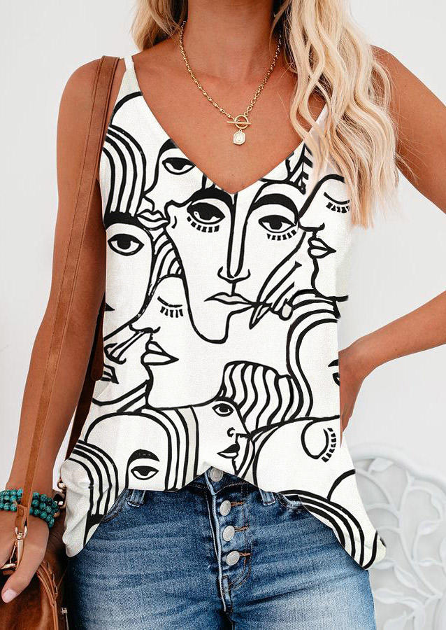 

Tank Tops Abstract Face Adjustable Strap V-Neck Camisole in White. Size: ,M,L,XL
