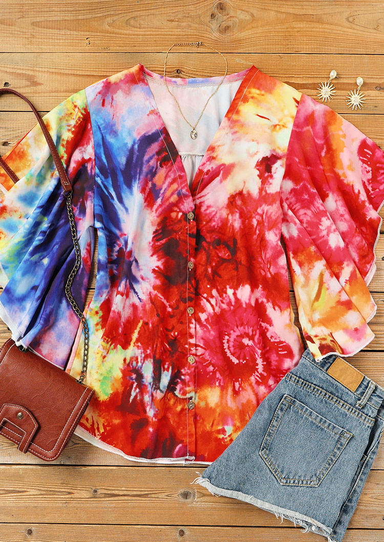 

Blouses Tie Dye Ruffled Button Batwing Sleeve V-Neck Blouse in Multicolor. Size: ,M